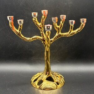 Tree of Life Jerusalem Gold & Silver Tn Metal Candelabra Menorah Candle Holder